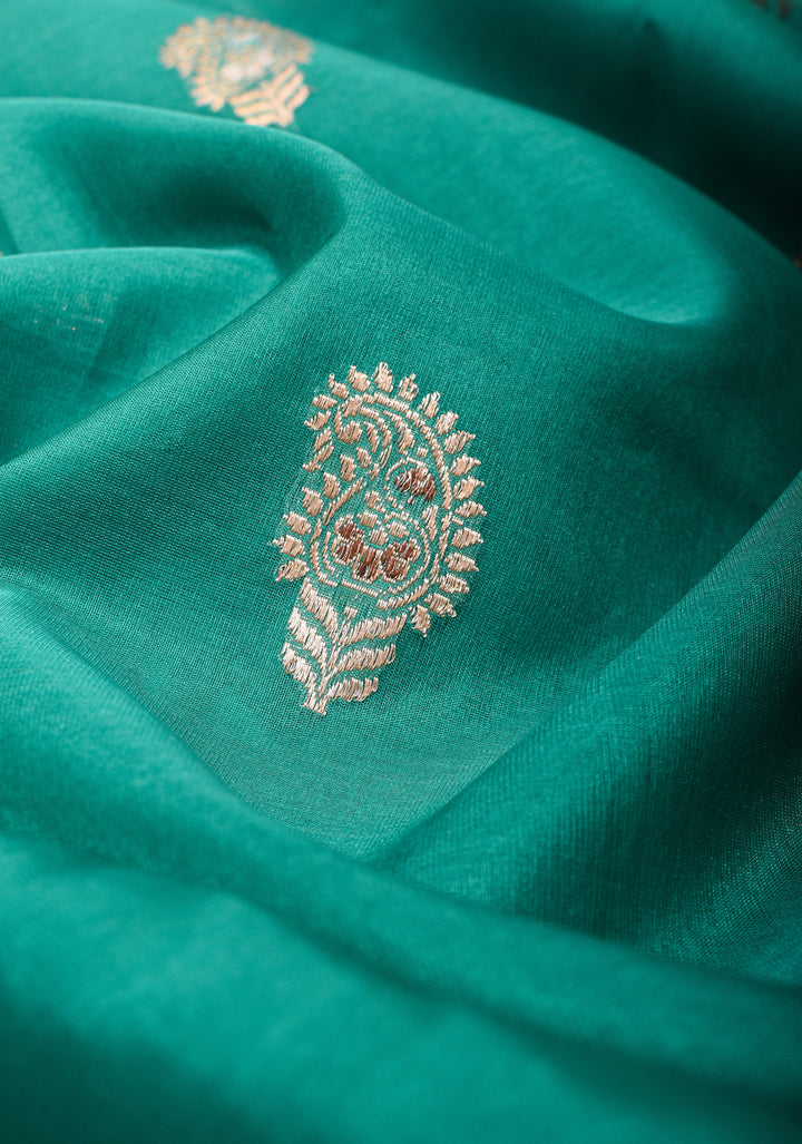 Teal Banarasi Kora Silk Saree With Meenakari Floral Butta and Border | SILK MARK CERTIFIED