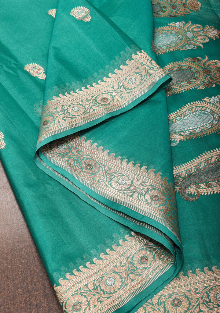 Teal Banarasi Kora Silk Saree With Meenakari Floral Butta and Border | SILK MARK CERTIFIED