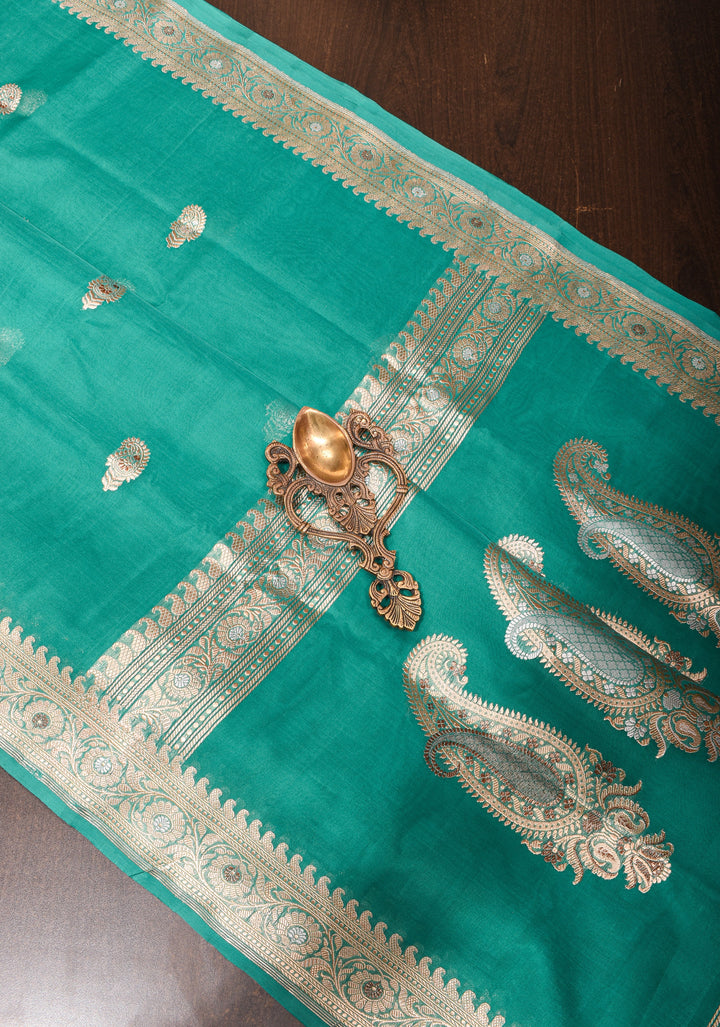Teal Banarasi Kora Silk Saree With Meenakari Floral Butta and Border | SILK MARK CERTIFIED