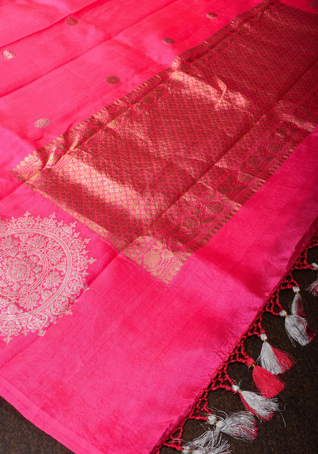 French Rose Banarasi Katan by Kora Saree with Sona Rupa mandala motifs on border | SILK MARK CERTIFIED