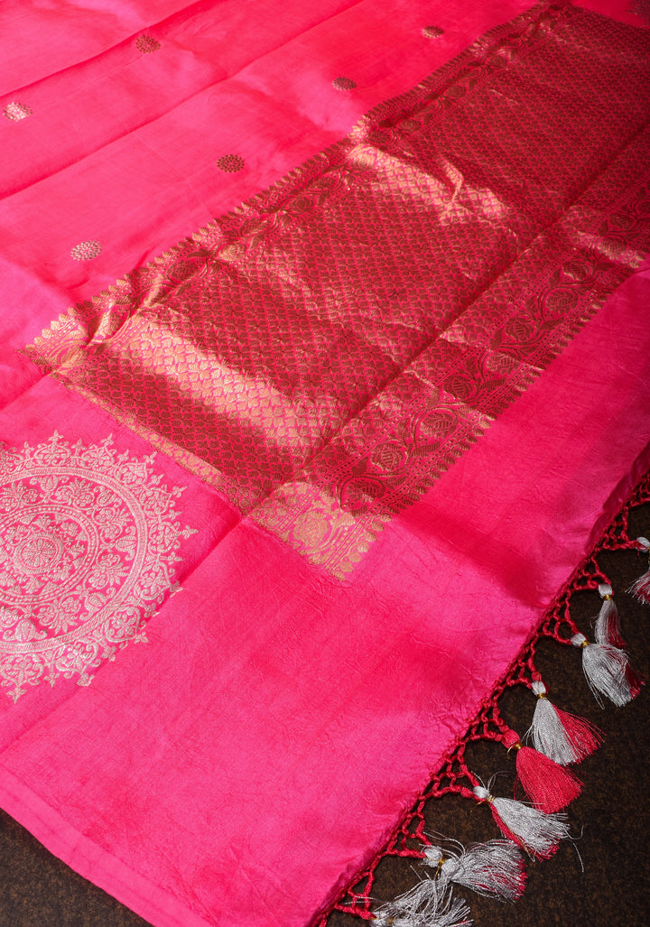 French Rose Banarasi Katan by Kora Saree with Sona Rupa mandala motifs on border | SILK MARK CERTIFIED