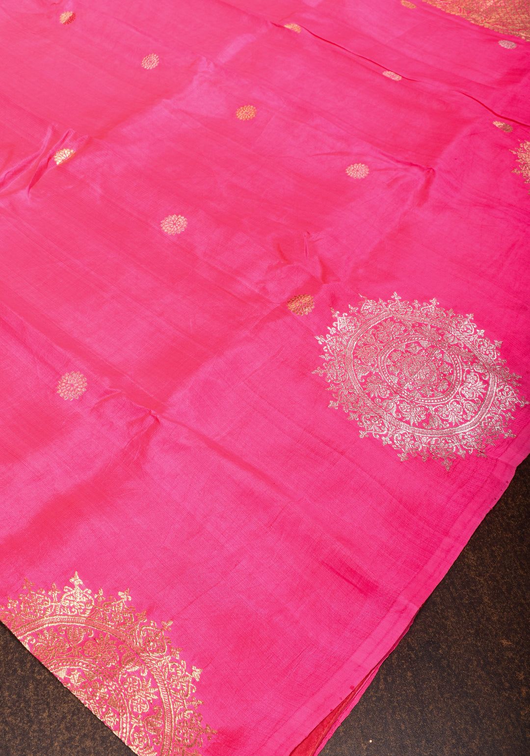 French Rose Banarasi Katan by Kora Saree with Sona Rupa mandala motifs on border | SILK MARK CERTIFIED