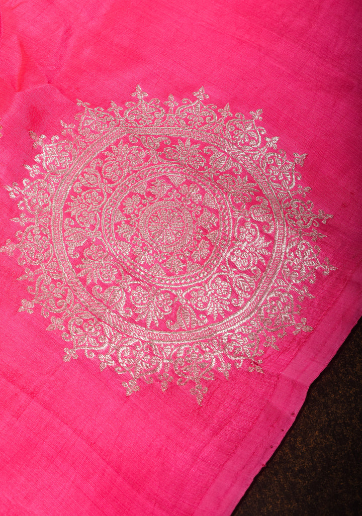 French Rose Banarasi Katan by Kora Saree with Sona Rupa mandala motifs on border | SILK MARK CERTIFIED