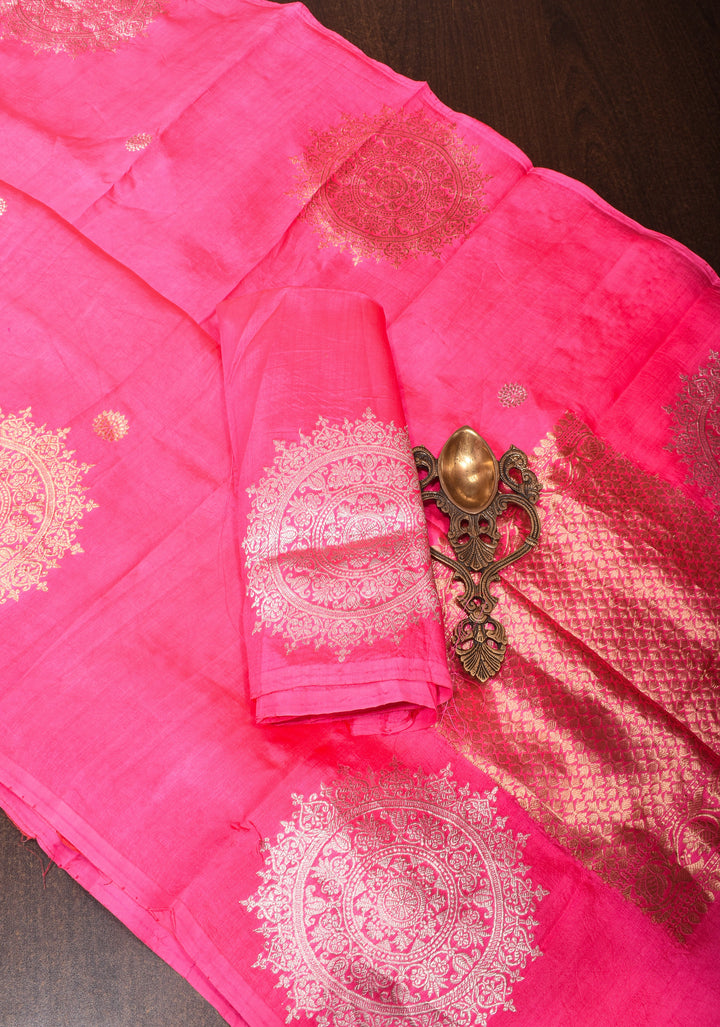 French Rose Banarasi Katan by Kora Saree with Sona Rupa mandala motifs on border | SILK MARK CERTIFIED