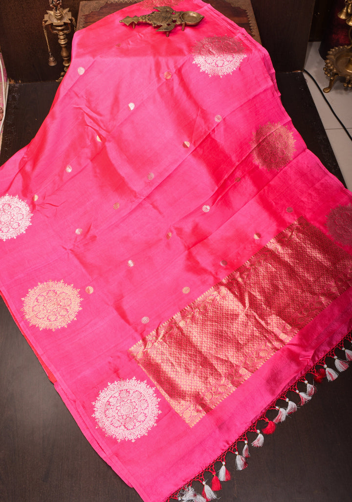 French Rose Banarasi Katan by Kora Saree with Sona Rupa mandala motifs on border | SILK MARK CERTIFIED