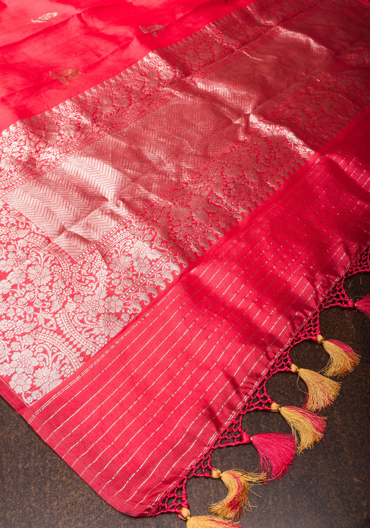 Pinkish Red Banarasi Silk Saree with Alfi Buttas and Zari Border | SILK MARK CERTIFIED