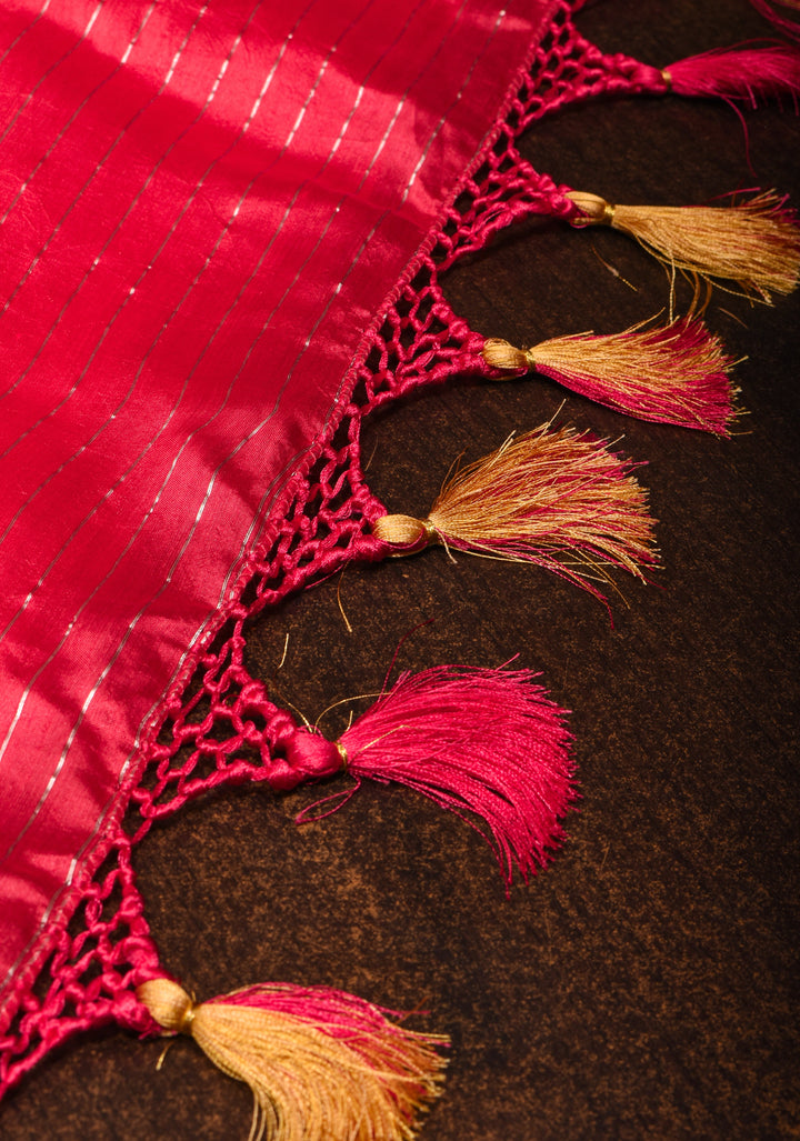 Pinkish Red Banarasi Silk Saree with Alfi Buttas and Zari Border | SILK MARK CERTIFIED