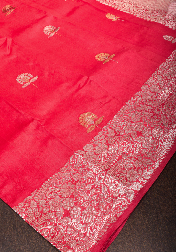 Pinkish Red Banarasi Silk Saree with Alfi Buttas and Zari Border | SILK MARK CERTIFIED
