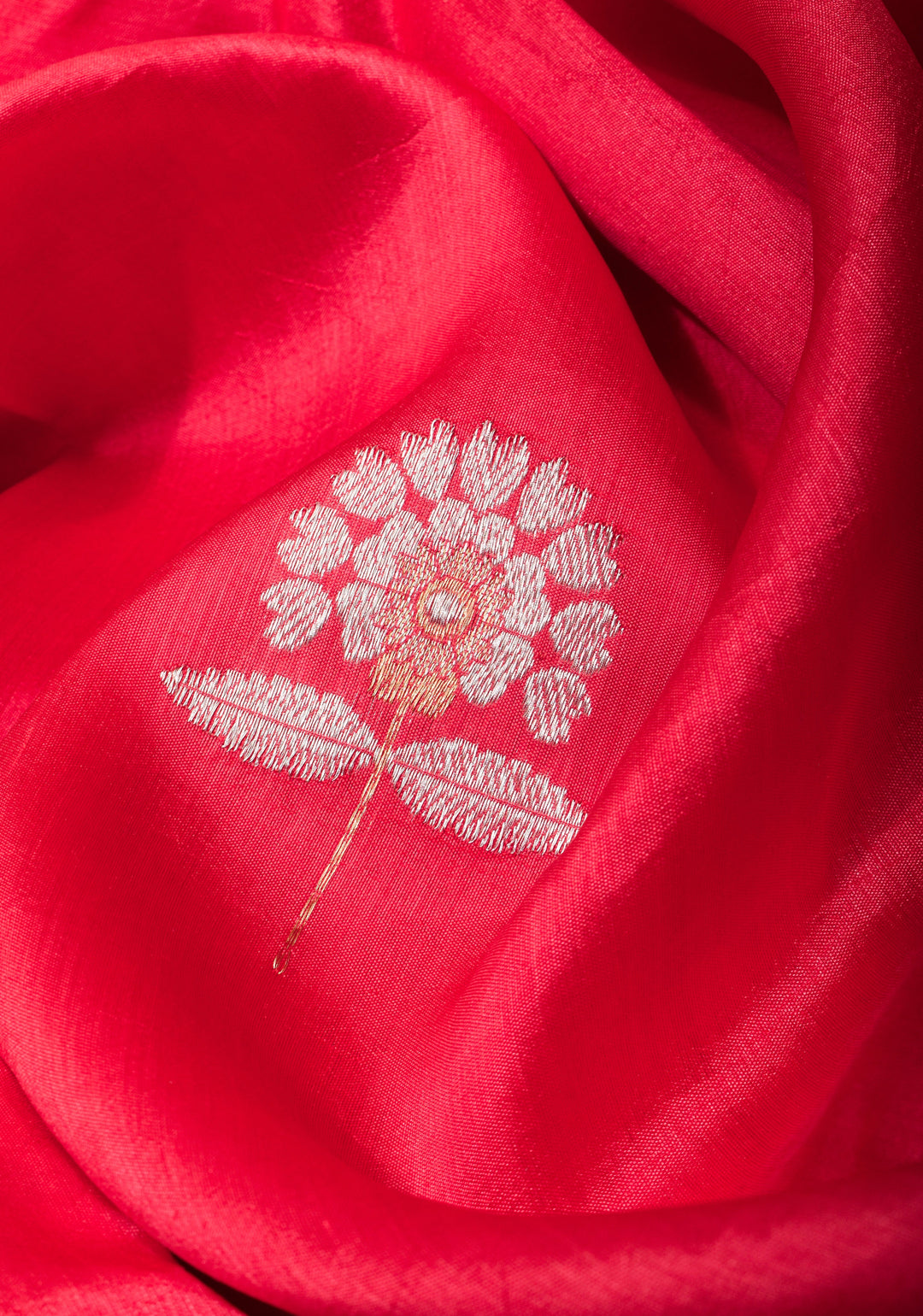 Pinkish Red Banarasi Silk Saree with Alfi Buttas and Zari Border | SILK MARK CERTIFIED