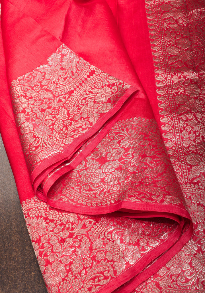 Pinkish Red Banarasi Silk Saree with Alfi Buttas and Zari Border | SILK MARK CERTIFIED