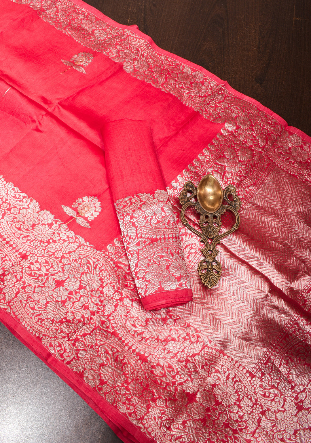 Pinkish Red Banarasi Silk Saree with Alfi Buttas and Zari Border | SILK MARK CERTIFIED