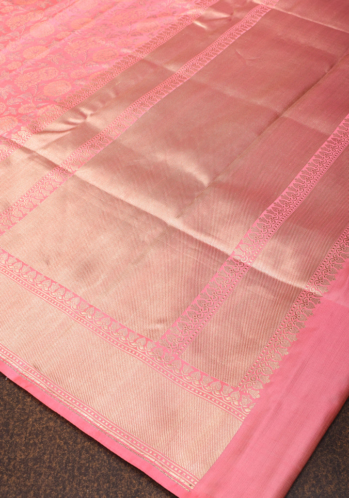 Rose Pink Tanchoi Floral Banarasi Silk Saree in Pure Silk Satin with Zari Border  | SILK MARK CERTIFIED