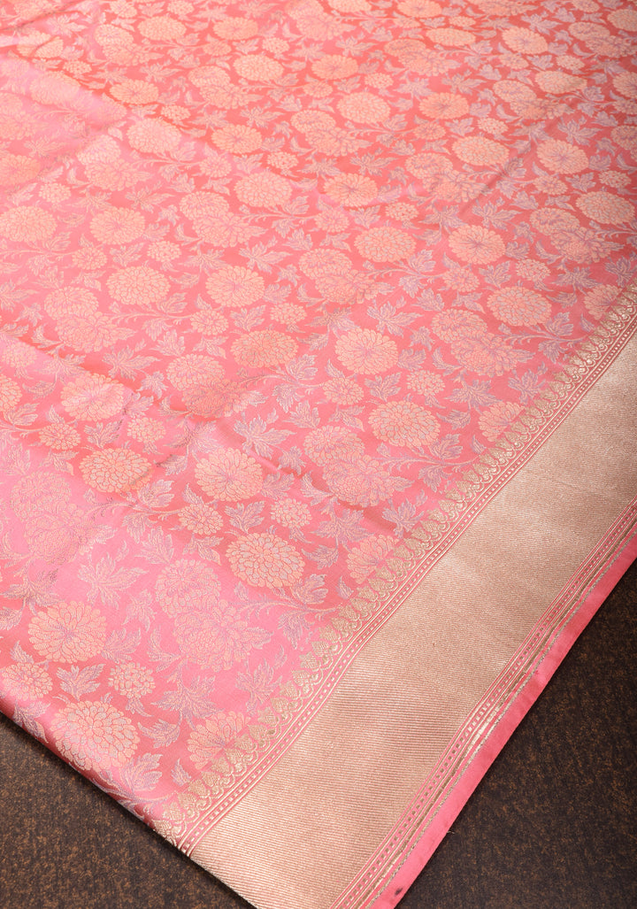 Rose Pink Tanchoi Floral Banarasi Silk Saree in Pure Silk Satin with Zari Border  | SILK MARK CERTIFIED