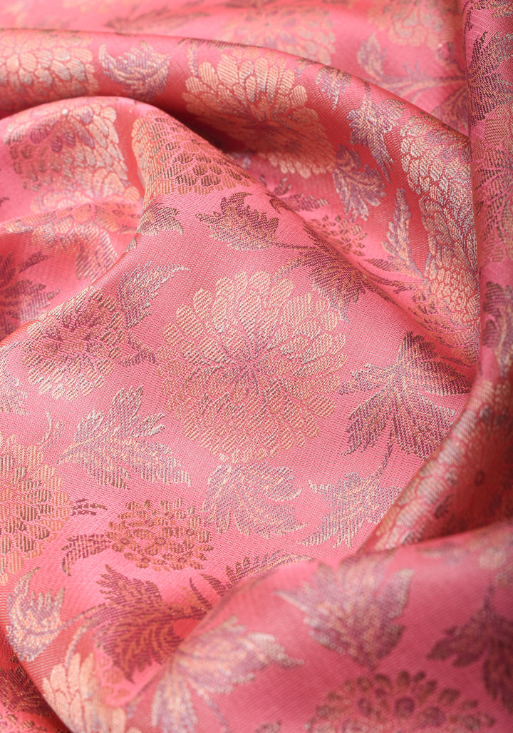 Rose Pink Tanchoi Floral Banarasi Silk Saree in Pure Silk Satin with Zari Border  | SILK MARK CERTIFIED
