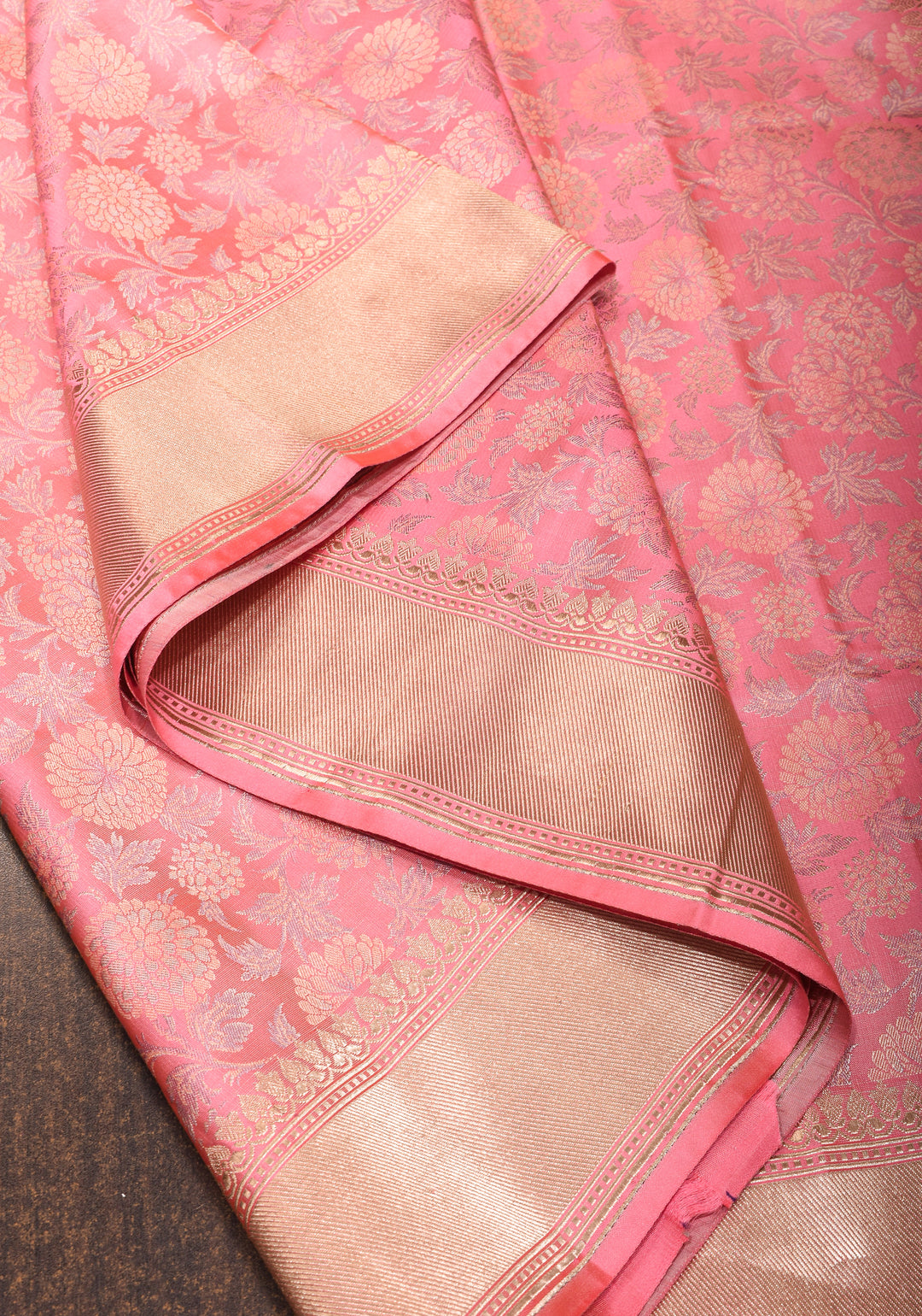 Rose Pink Tanchoi Floral Banarasi Silk Saree in Pure Silk Satin with Zari Border  | SILK MARK CERTIFIED