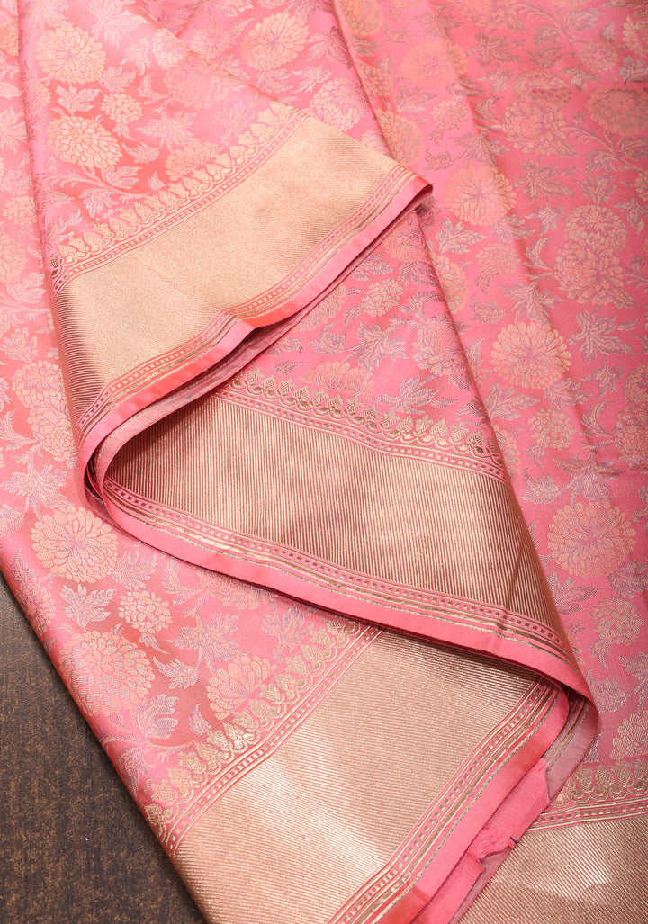 Rose Pink Tanchoi Floral Banarasi Silk Saree in Pure Silk Satin with Zari Border  | SILK MARK CERTIFIED