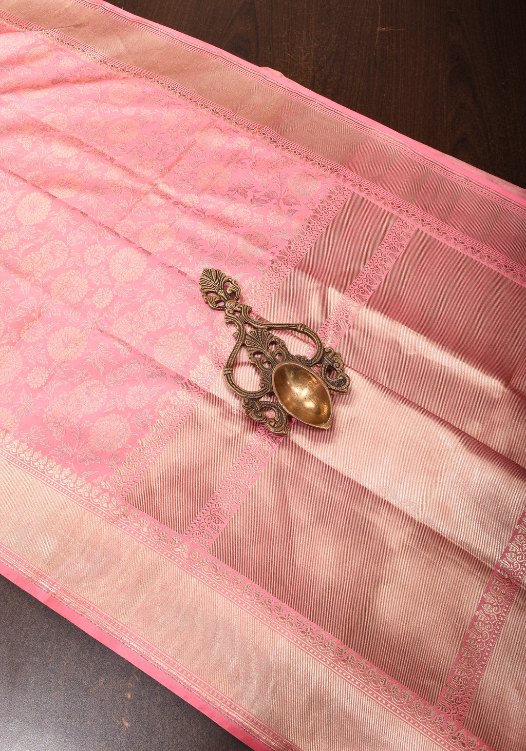 Rose Pink Tanchoi Floral Banarasi Silk Saree in Pure Silk Satin with Zari Border  | SILK MARK CERTIFIED