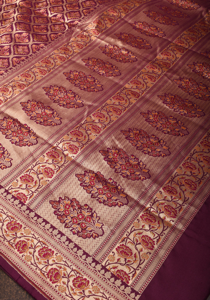 Plum Pure Katan Silk Banarasi Saree with Floral Persian Trellis Jaal and Zari Border | SILK MARK CERTIFIED