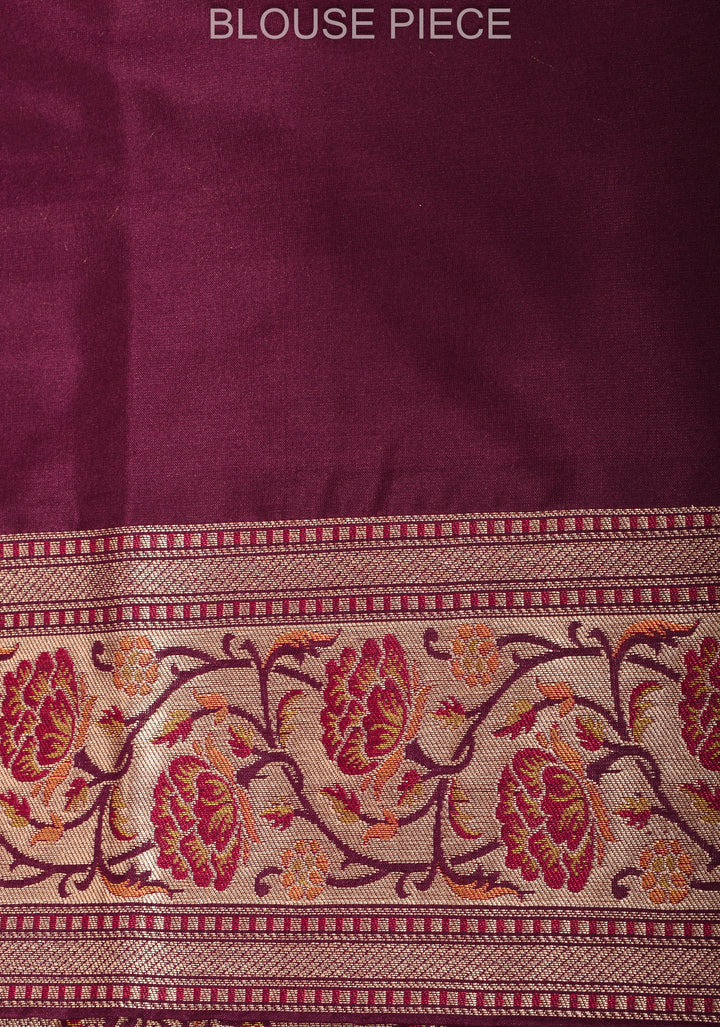 Plum Pure Katan Silk Banarasi Saree with Floral Persian Trellis Jaal and Zari Border | SILK MARK CERTIFIED