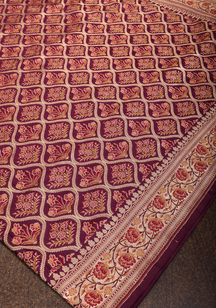 Plum Pure Katan Silk Banarasi Saree with Floral Persian Trellis Jaal and Zari Border | SILK MARK CERTIFIED