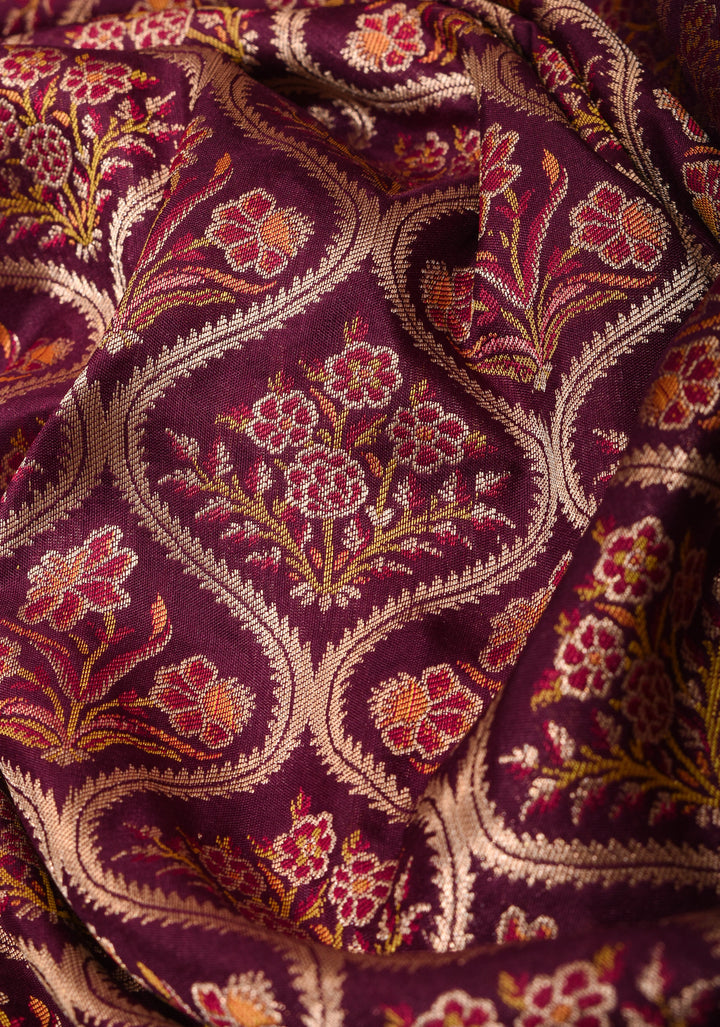 Plum Pure Katan Silk Banarasi Saree with Floral Persian Trellis Jaal and Zari Border | SILK MARK CERTIFIED