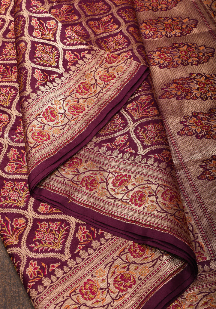 Plum Pure Katan Silk Banarasi Saree with Floral Persian Trellis Jaal and Zari Border | SILK MARK CERTIFIED