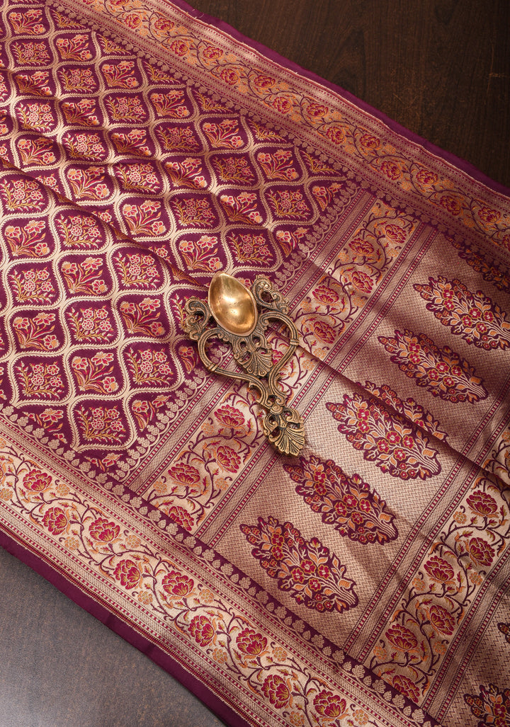 Plum Pure Katan Silk Banarasi Saree with Floral Persian Trellis Jaal and Zari Border | SILK MARK CERTIFIED