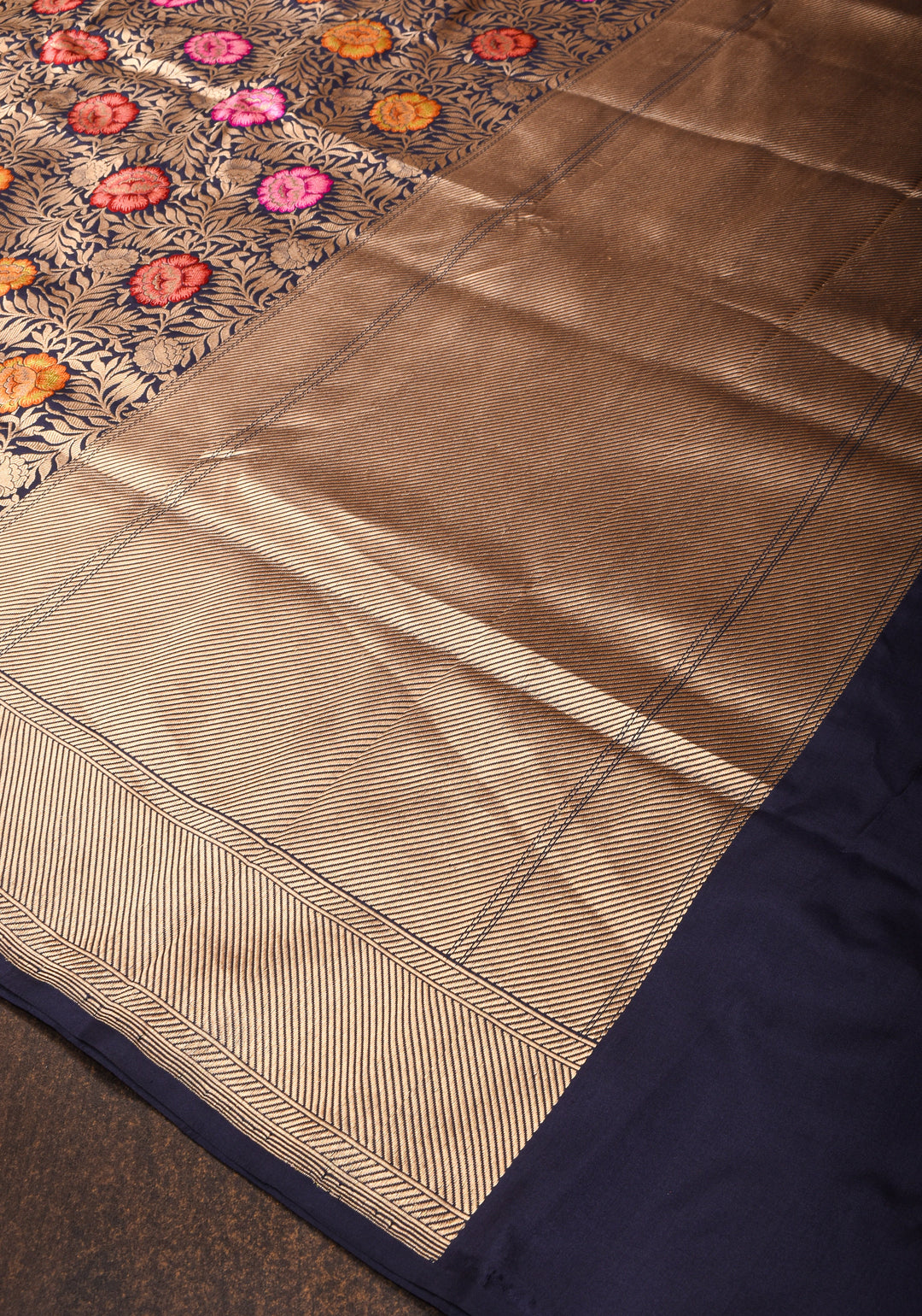 Navy Blue Banarasi Katan Silk Saree with PersoanMeenakari floral Brocade and Zari Border | SILK MARK CERTIFIED