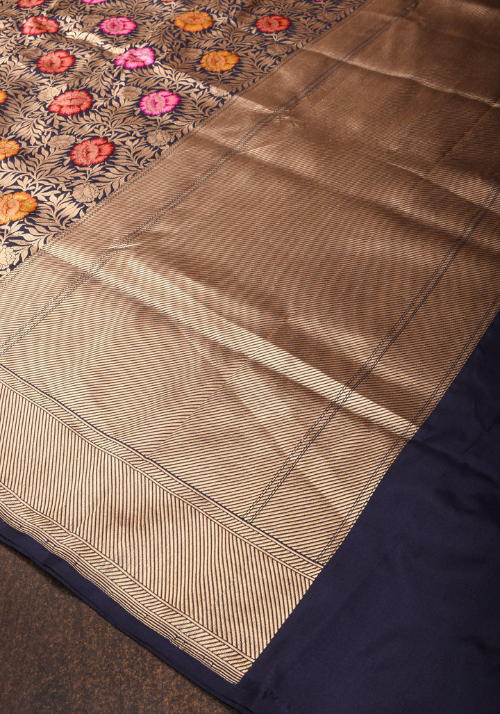 Navy Blue Banarasi Katan Silk Saree with PersoanMeenakari floral Brocade and Zari Border | SILK MARK CERTIFIED