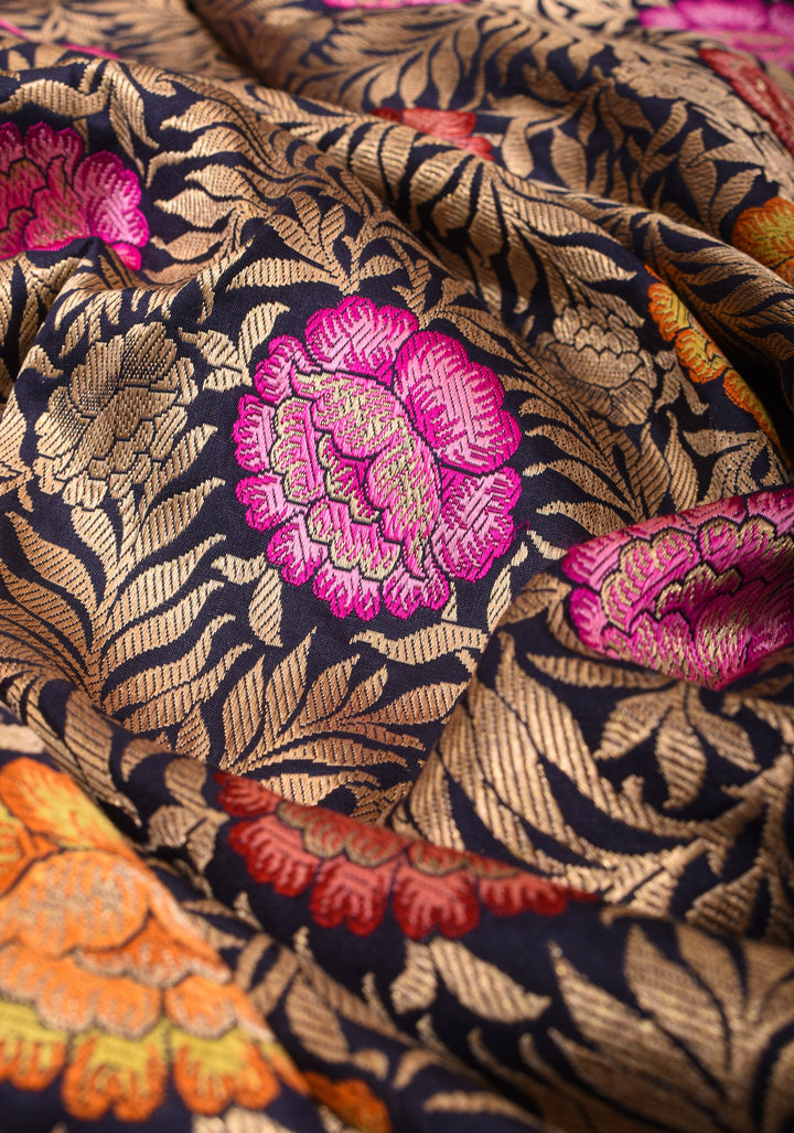 Navy Blue Banarasi Katan Silk Saree with PersoanMeenakari floral Brocade and Zari Border | SILK MARK CERTIFIED