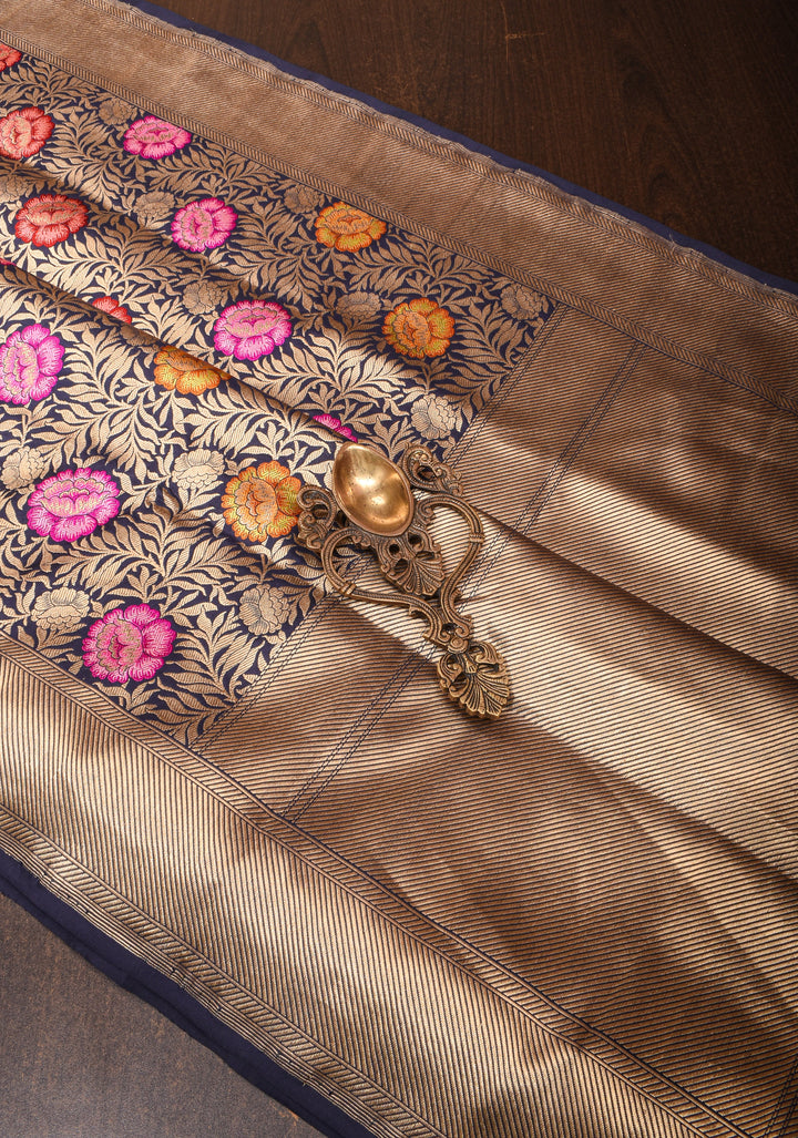 Navy Blue Banarasi Katan Silk Saree with PersoanMeenakari floral Brocade and Zari Border | SILK MARK CERTIFIED
