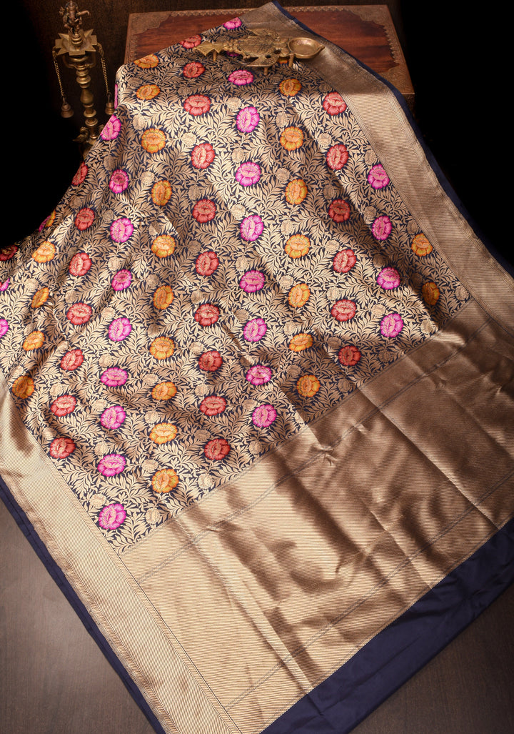 Navy Blue Banarasi Katan Silk Saree with PersoanMeenakari floral Brocade and Zari Border | SILK MARK CERTIFIED