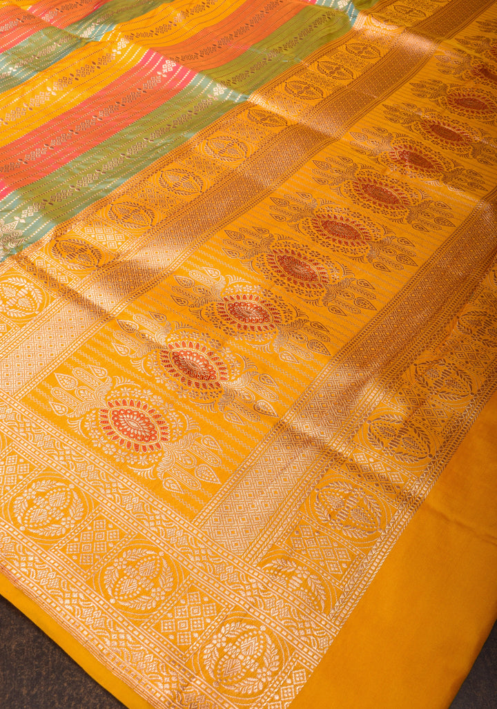 Multicolor Meenakari Banarasi Katan Silk Saree with Panel design and Zari Border | SILK MARK CERTIFIED