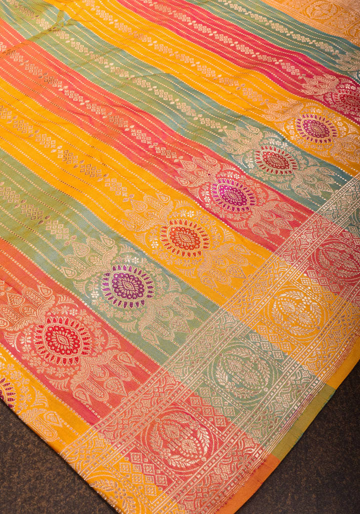 Multicolor Meenakari Banarasi Katan Silk Saree with Panel design and Zari Border | SILK MARK CERTIFIED