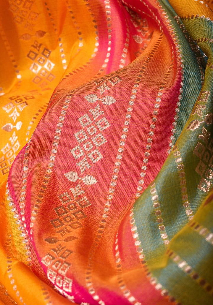 Multicolor Meenakari Banarasi Katan Silk Saree with Panel design and Zari Border | SILK MARK CERTIFIED