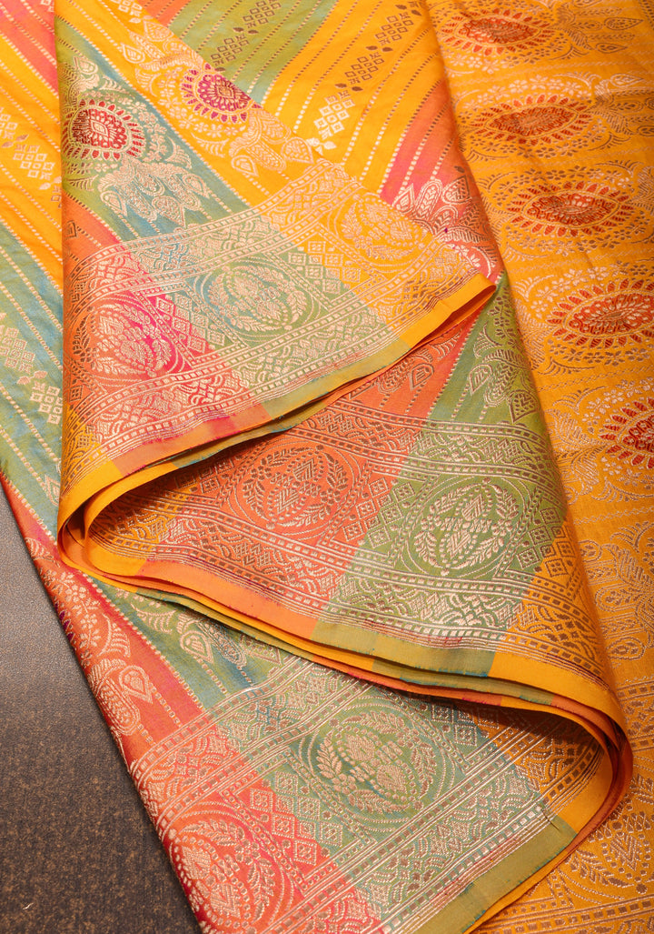 Multicolor Meenakari Banarasi Katan Silk Saree with Panel design and Zari Border | SILK MARK CERTIFIED