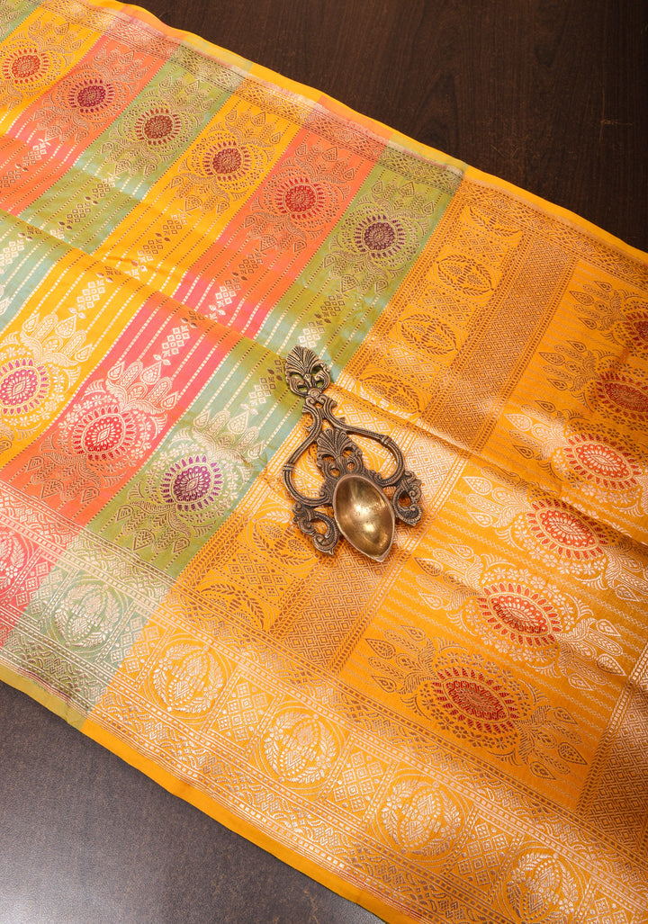 Multicolor Meenakari Banarasi Katan Silk Saree with Panel design and Zari Border | SILK MARK CERTIFIED