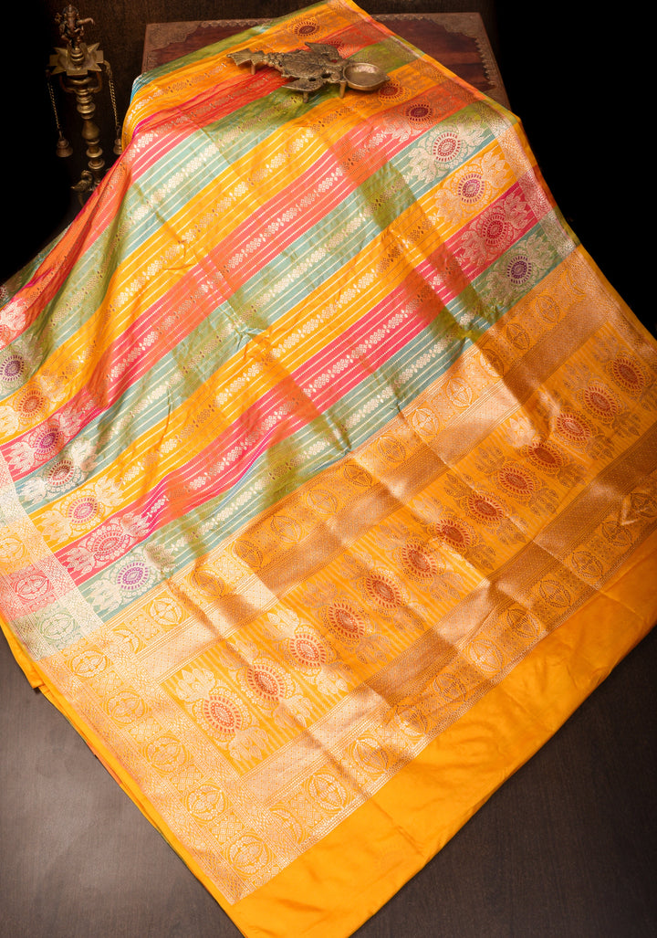 Multicolor Meenakari Banarasi Katan Silk Saree with Panel design and Zari Border | SILK MARK CERTIFIED