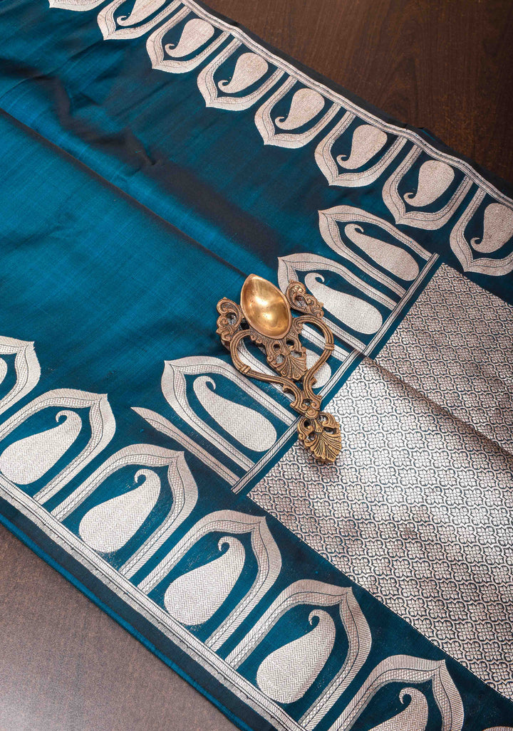 Peacock Blue Dual tone Banarasi Mashru Silk Saree with Silver Paisley Arch Border | SILK MARK CERTIFIED