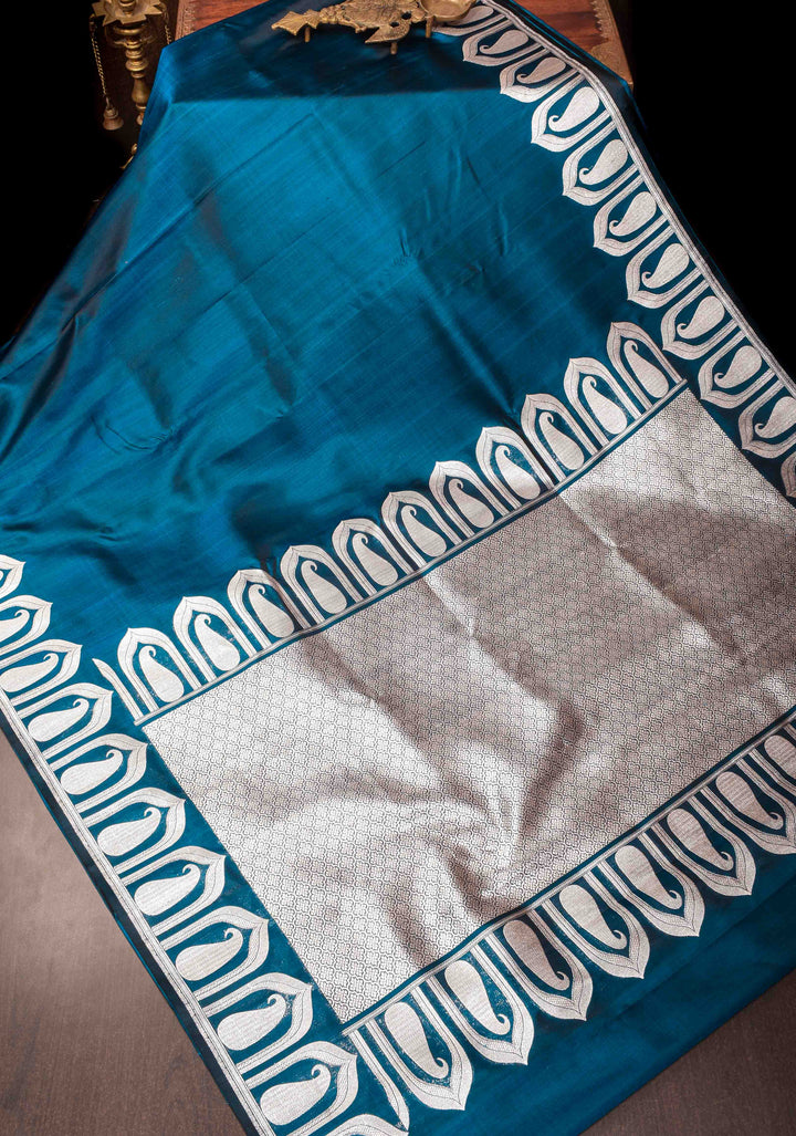 Peacock Blue Dual tone Banarasi Mashru Silk Saree with Silver Paisley Arch Border | SILK MARK CERTIFIED
