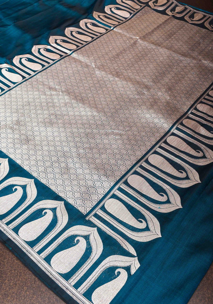 Peacock Blue Dual tone Banarasi Mashru Silk Saree with Silver Paisley Arch Border | SILK MARK CERTIFIED