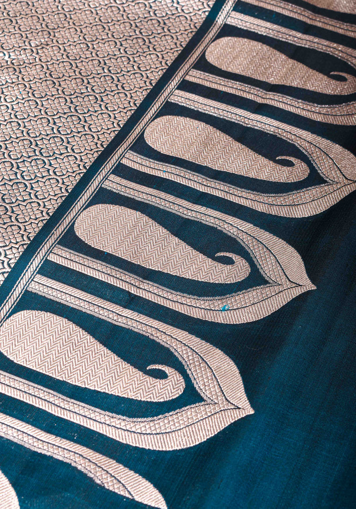 Peacock Blue Dual tone Banarasi Mashru Silk Saree with Silver Paisley Arch Border | SILK MARK CERTIFIED