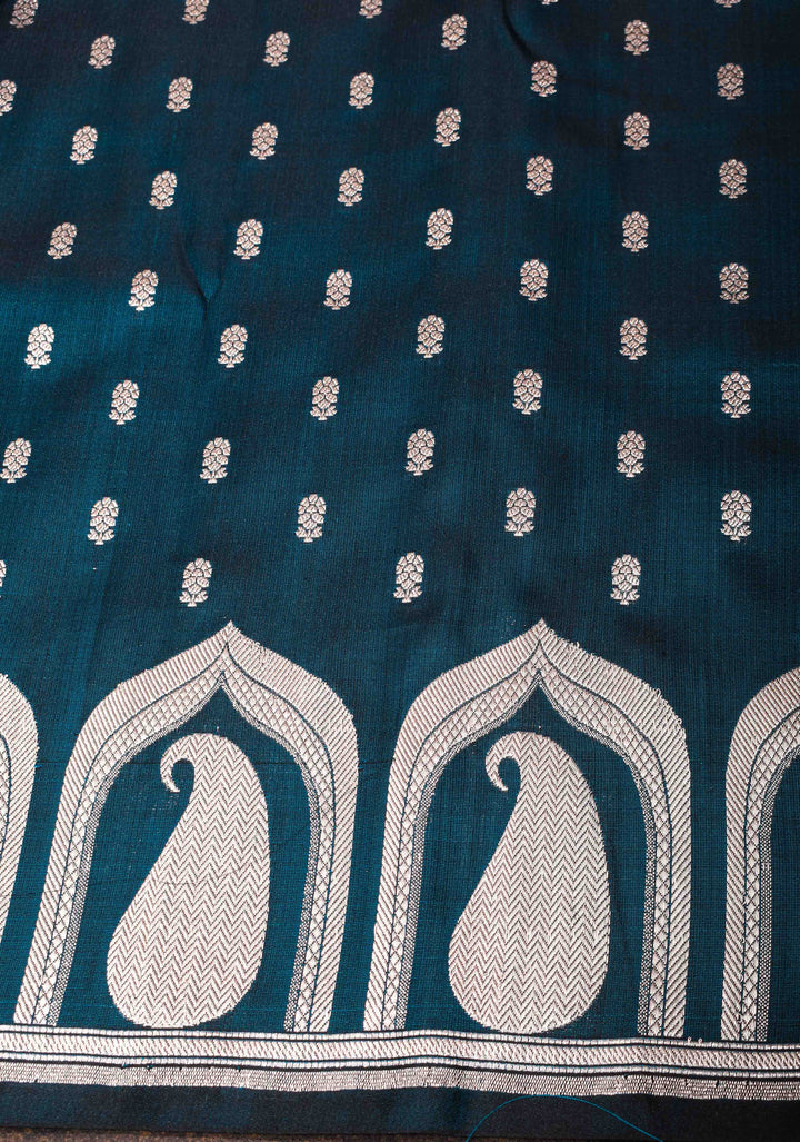 Peacock Blue Dual tone Banarasi Mashru Silk Saree with Silver Paisley Arch Border | SILK MARK CERTIFIED