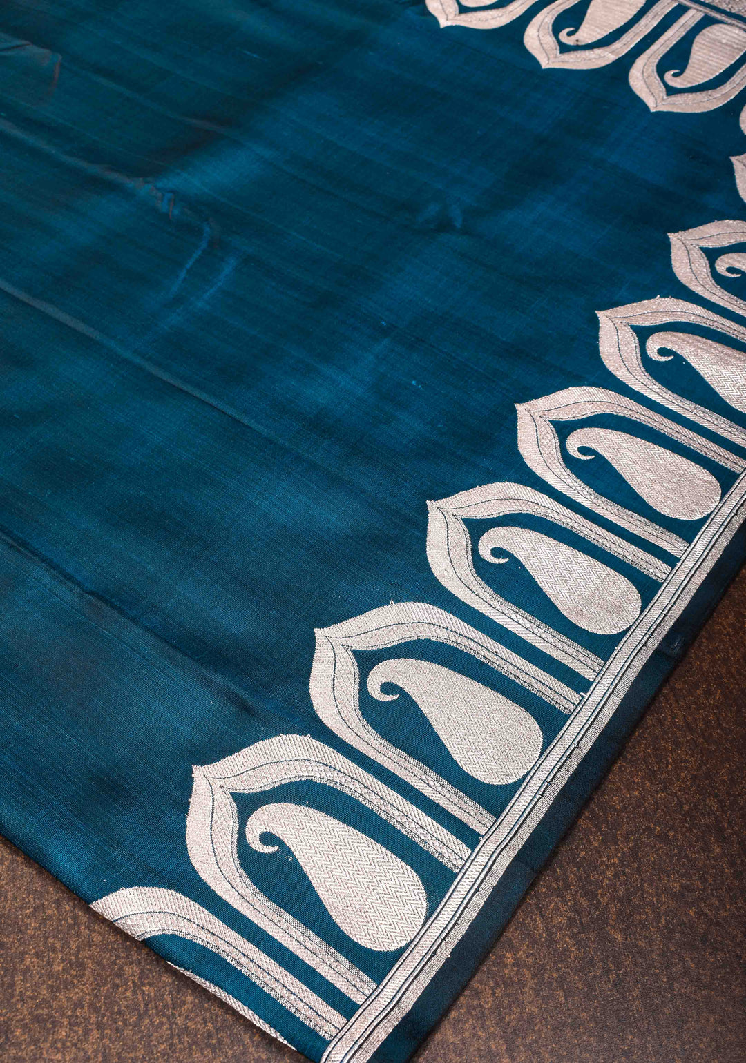 Peacock Blue Dual tone Banarasi Mashru Silk Saree with Silver Paisley Arch Border | SILK MARK CERTIFIED