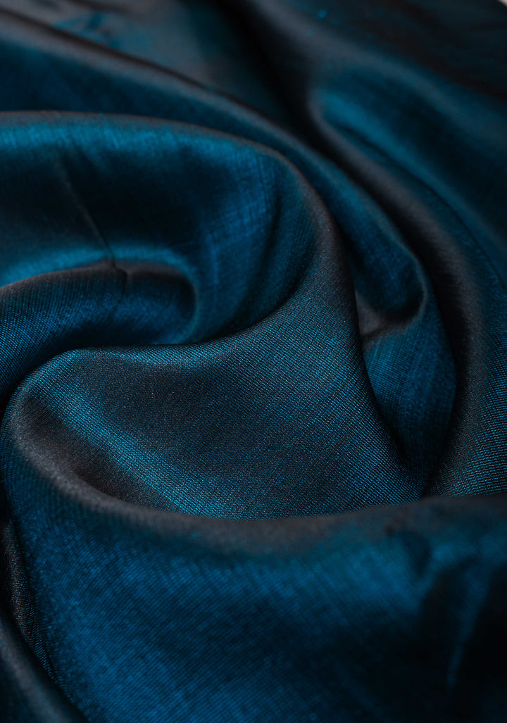 Peacock Blue Dual tone Banarasi Mashru Silk Saree with Silver Paisley Arch Border | SILK MARK CERTIFIED