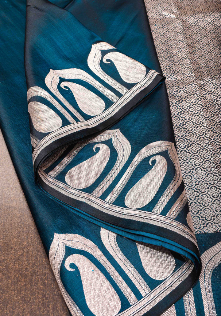 Peacock Blue Dual tone Banarasi Mashru Silk Saree with Silver Paisley Arch Border | SILK MARK CERTIFIED