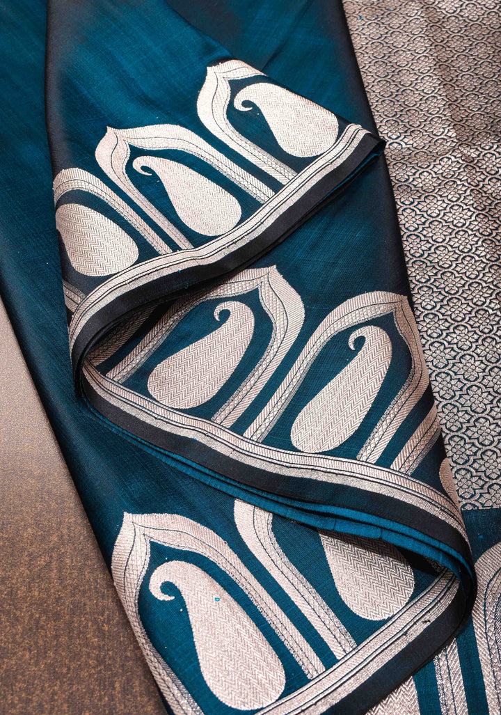 Peacock Blue Dual tone Banarasi Mashru Silk Saree with Silver Paisley Arch Border | SILK MARK CERTIFIED