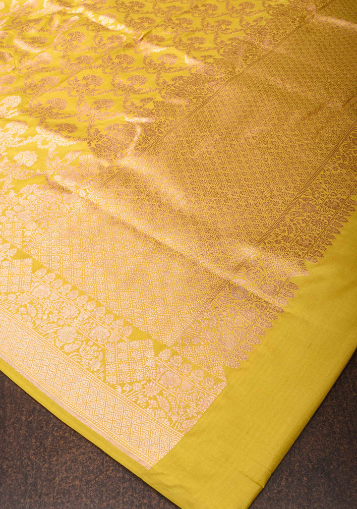 Moss Yellow Katan Silk Saree with Floral Jaal and Zari Border | SILK MARK CERTIFIED