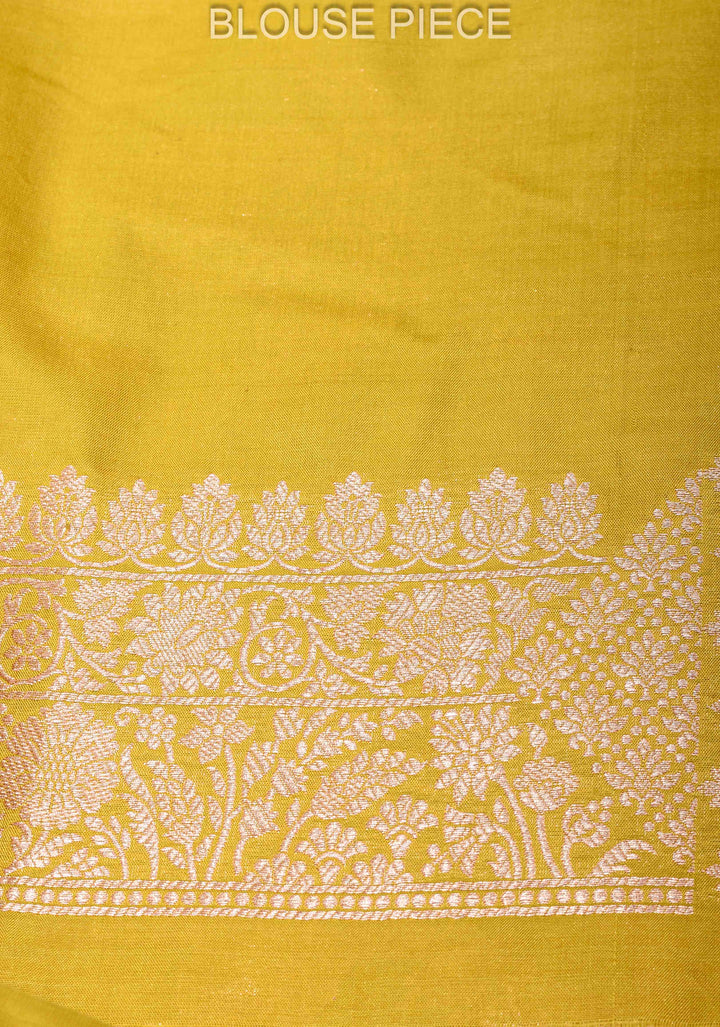 Moss Yellow Katan Silk Saree with Floral Jaal and Zari Border | SILK MARK CERTIFIED