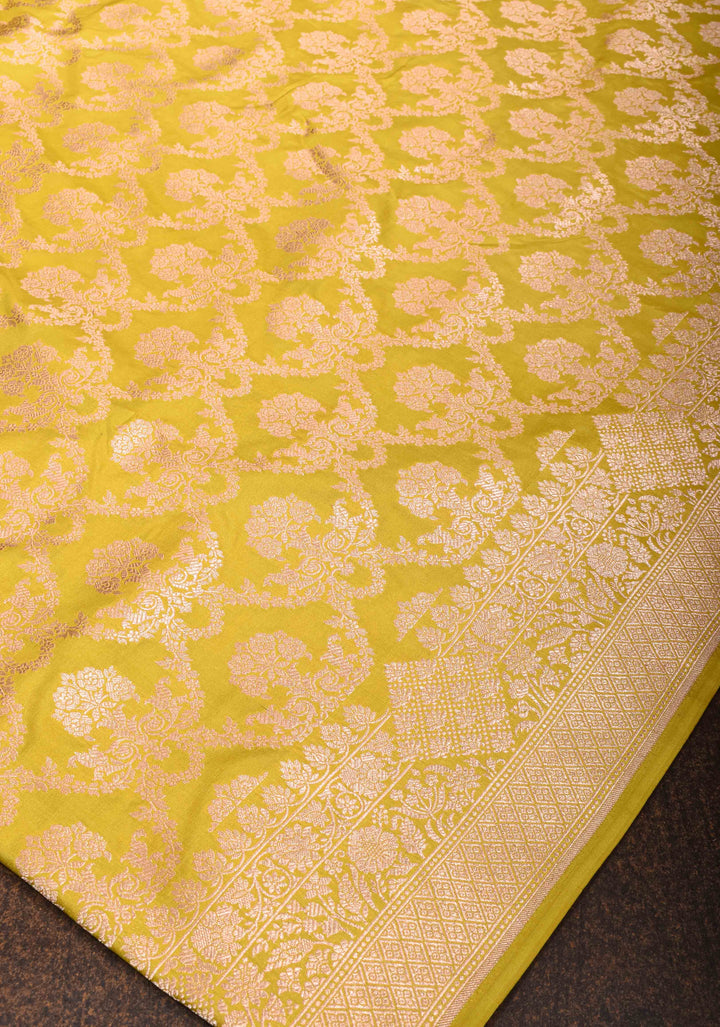 Moss Yellow Katan Silk Saree with Floral Jaal and Zari Border | SILK MARK CERTIFIED